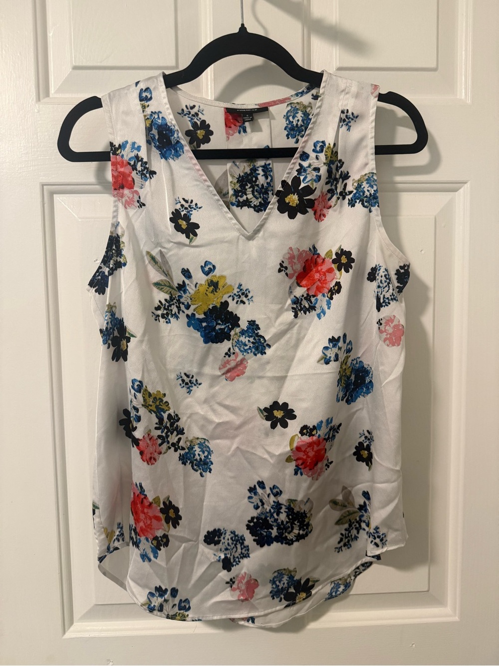 Floral V-Neck Sleeveless Top - White with Multicolor Blooms